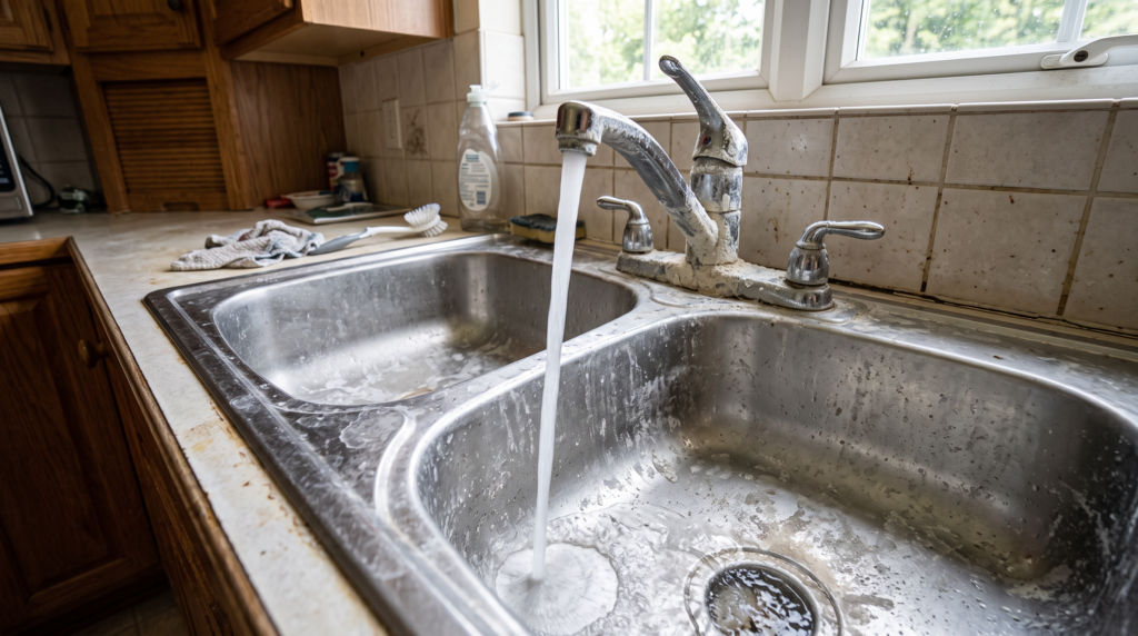 faucet-leaking-hard-water-in-a-kitchen-sink-leaving-white-stains-in-the-sink