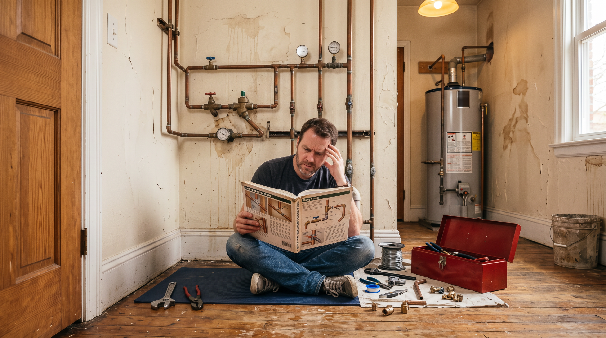 man-sitting-on-the-floor-reading-manual-agitated-with-exposed-pipes-behind-him